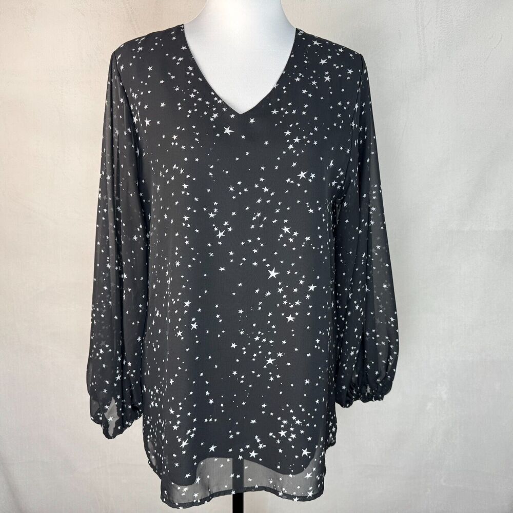 Qearal Blouse Women’s Sz M Lined Sheer Black Gray Stars VNeck Ballon Sleeve